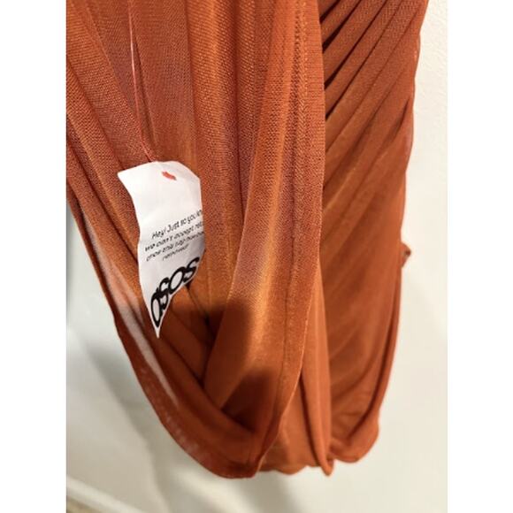 NWT ASOS DESIGN Mesh Ruched Drape Mock Neck Bodycon Midi Dress Rust Women's 6 - Picture 4 of 4
